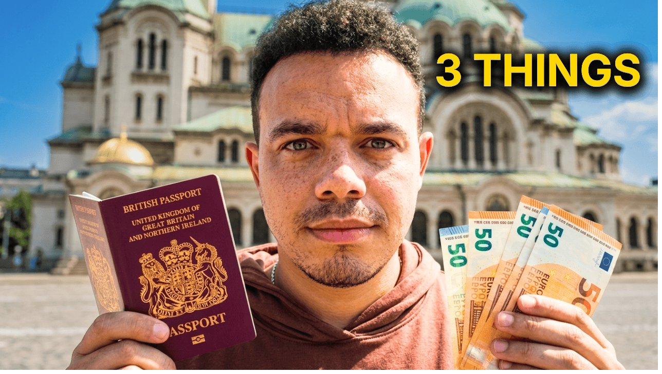 Bulgaria video thumbnail: Danny holding a British passport and euro notes in front of a cathedral