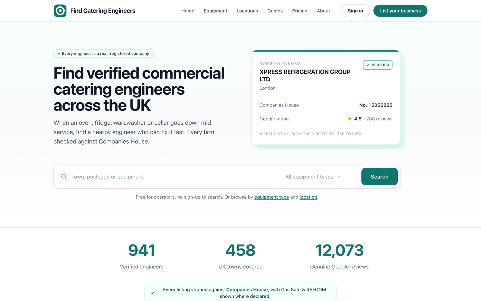 The Find Catering Engineers homepage with a real registry record and counters for engineers, towns and Google reviews