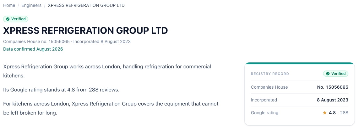 A listing page showing the company name, Companies House number, incorporation date and Google rating in a registry card