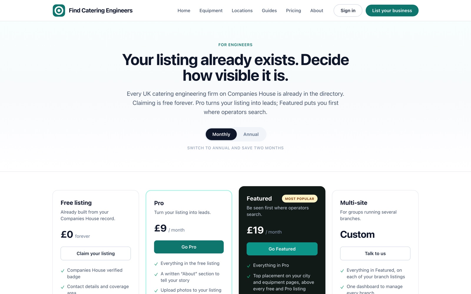 The pricing page with Free, Pro at 9 pounds a month, Featured at 19 pounds a month and a custom multi-site plan