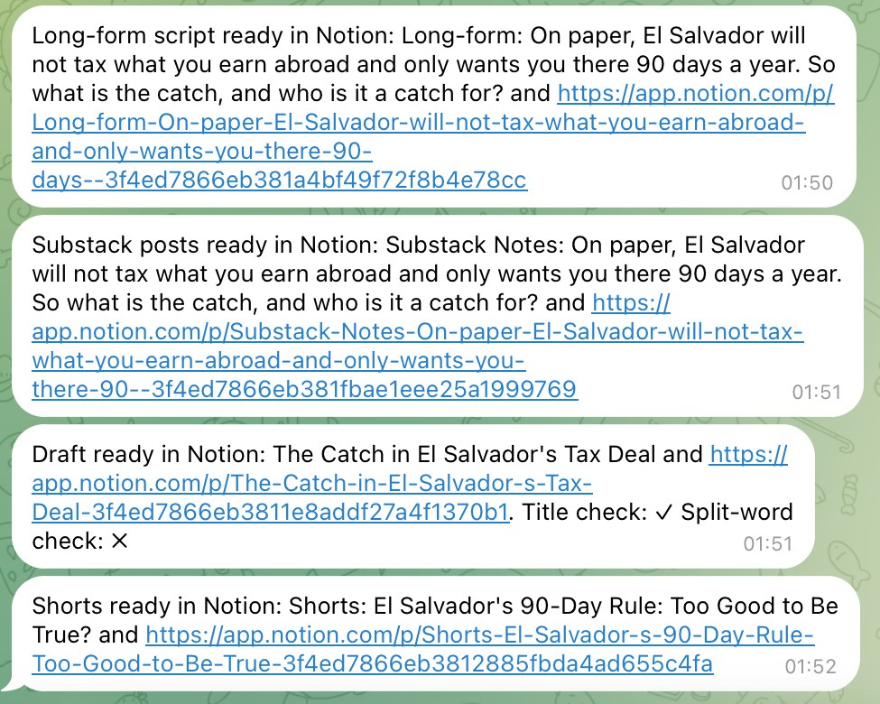 Four Telegram messages from one run, including a failed split-word check